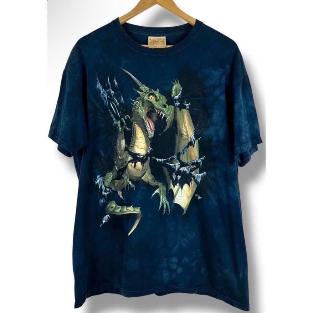 Vtg The Mountain Green Dragon Graphic Tie Dye T-Shirt Mens Large Blue Cotton Tee